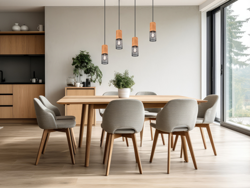 LED Pendelleuchte 4-flammig mit Lampenschirmen Schwarz & Holz, Breite 65cm
