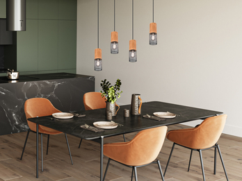 LED Pendellampe mit 4 Draht Lampenschirmen Schwarz & Holzfassungen