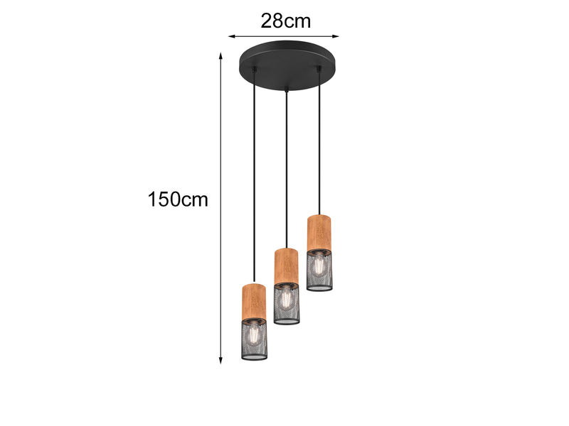 LED Pendellampe Draht Lampenschirme in Schwarz & Holzfassungen, Ø 28cm