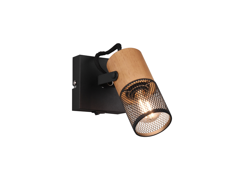 LED Wandstrahler mit Schalter, Schwarz mit Holz & Gitterschirm, Breite 9cm