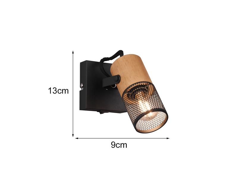 Einflammiger LED Wandstrahler mit schwarzem Metall Gitterschirm & Holzsockel