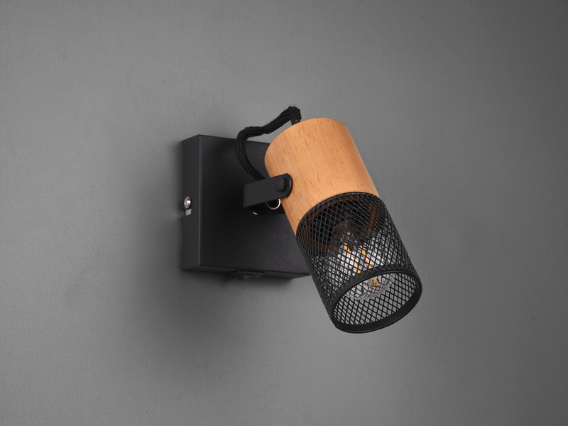 Einflammiger LED Wandstrahler mit schwarzem Metall Gitterschirm & Holzsockel