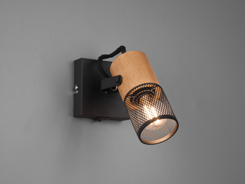 LED Wandstrahler mit Schalter, Gitterschirm & Holzsockel, Breite 9cm