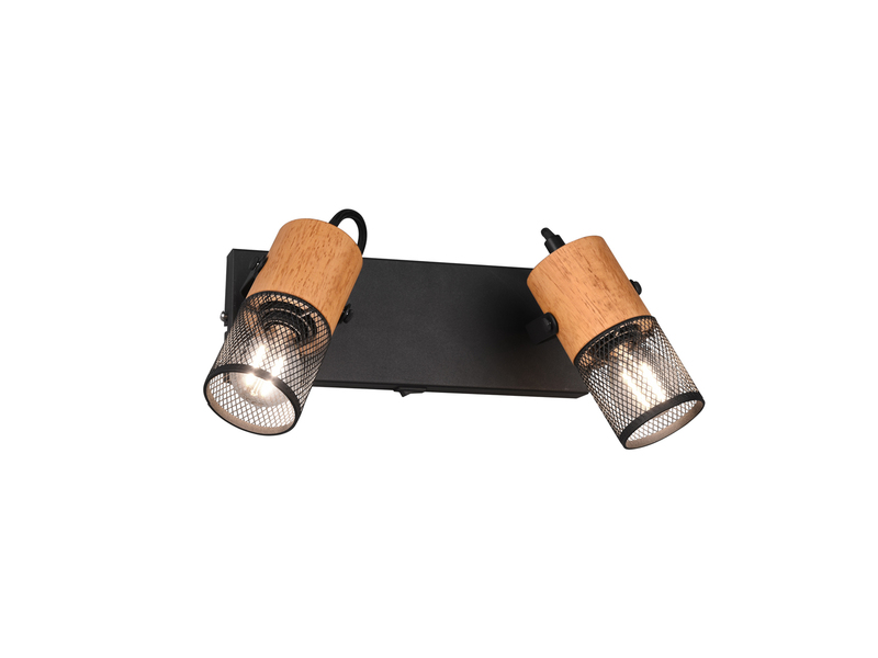 LED Wandstrahler 2-flammig mit Schalter, Schwarz & Holz, Breite 26cm