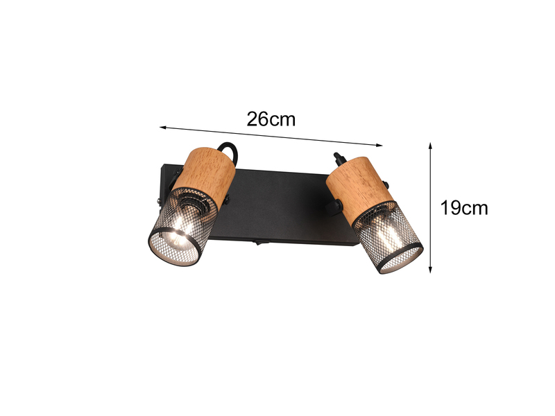 LED Wandstrahler 2-flammig mit Schalter, Schwarz & Holz, Breite 26cm