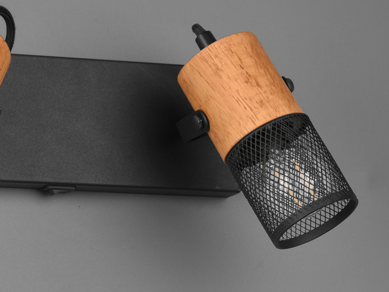 LED Wandstrahler 2-flammig mit Schalter, Schwarz & Holz, Breite 26cm