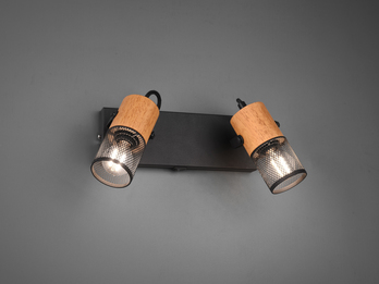 Zweiflammiger LED Wandstrahler mit Metall Gitterschirme schwarz & Holzsockel