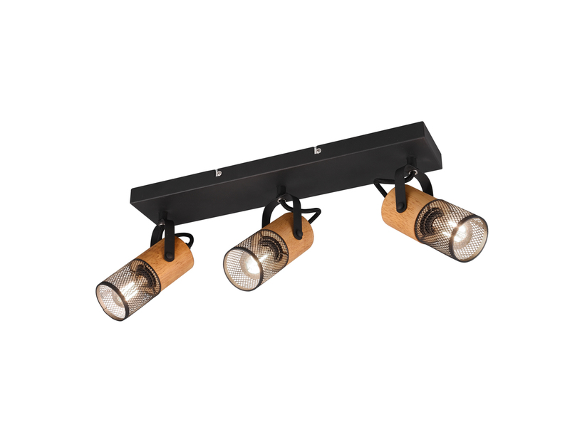 LED Deckenstrahler 3-flammig, Schwarz mit Holz & Gitterschirmen, Breite 44cm
