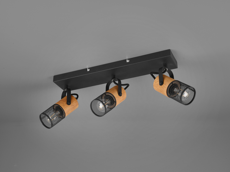 LED Deckenstrahler 3-flammig, Schwarz mit Holz & Gitterschirmen, Breite 44cm