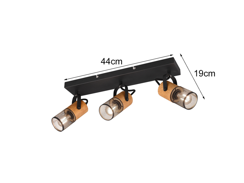 LED Deckenstrahler 3-flammig, Schwarz mit Holz & Gitterschirmen, Breite 44cm