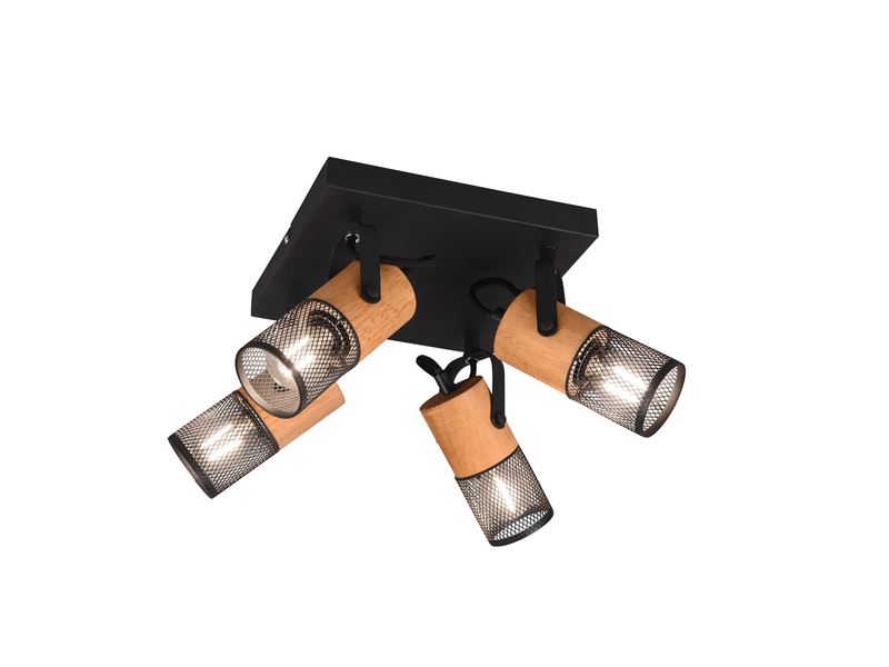 LED Deckenstrahler 4-flammig, Schwarz mit Holz, Quadrat 22cm