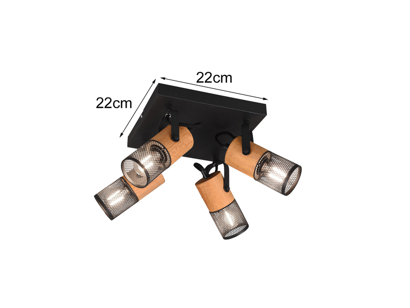 LED Deckenstrahler 4-flammig, Schwarz mit Holz, Quadrat 22cm
