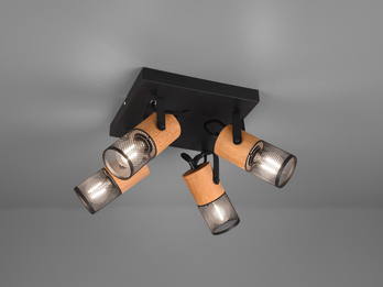 Vierflammiger LED Deckenstrahler mit Metall Gitterschirme schwarz & Holzsockel