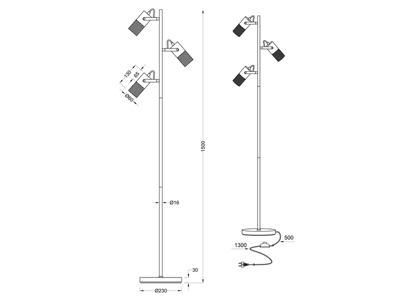 Dreiflammige LED Stehlampe mit schwenkbaren Metallgeflecht Spots Schwarz & Holz