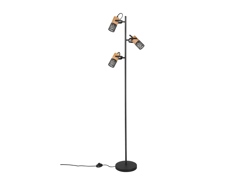 Dreiflammige LED Stehlampe mit schwenkbaren Metallgeflecht Spots Schwarz & Holz