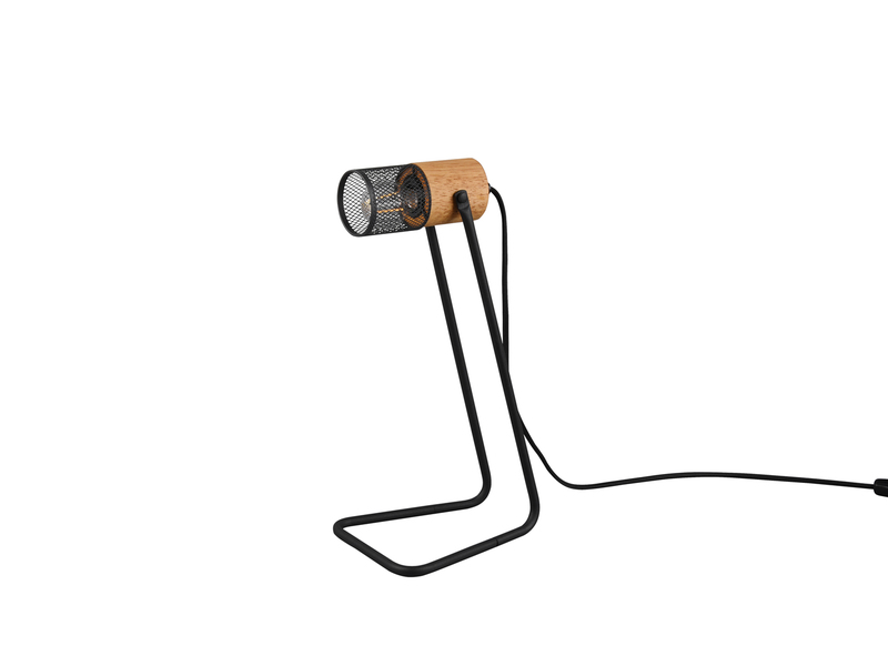 Industrial LED Tischlampe Metallgeflecht Metallschirm und Holzsockel, Höhe 40cm