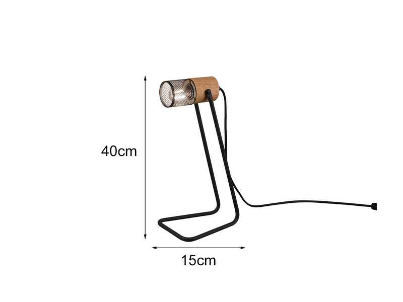 Industrial LED Tischlampe Metallgeflecht Metallschirm und Holzsockel, Höhe 40cm