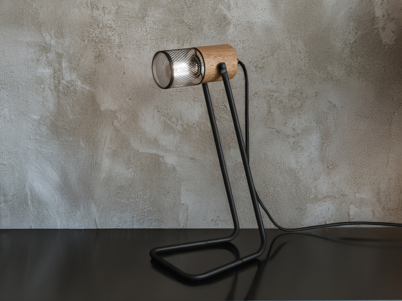 Industrial LED Tischlampe Metallgeflecht Metallschirm und Holzsockel, Höhe 40cm