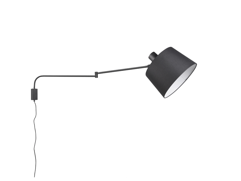 Schwenkarm LED Wandleuchte mit Stoffschirm Schwarz mit Schnurschalter & Stecker