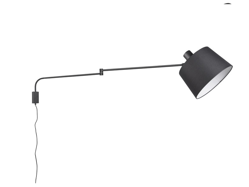 Schwenkarm LED Wandleuchte mit Stoffschirm Schwarz mit Schnurschalter & Stecker