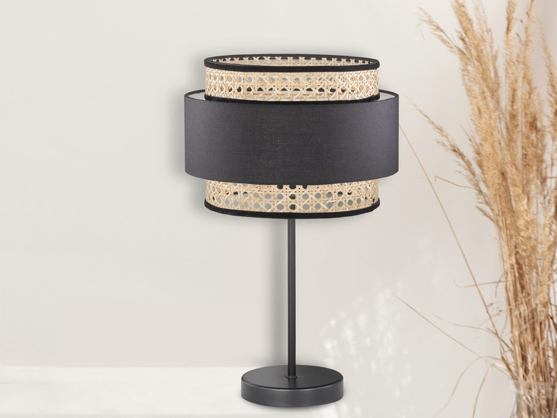 Auffällige Rattan Design Tischleuchte fürs Wohnzimmer mit Lampenschirm Stoff Schwarz
