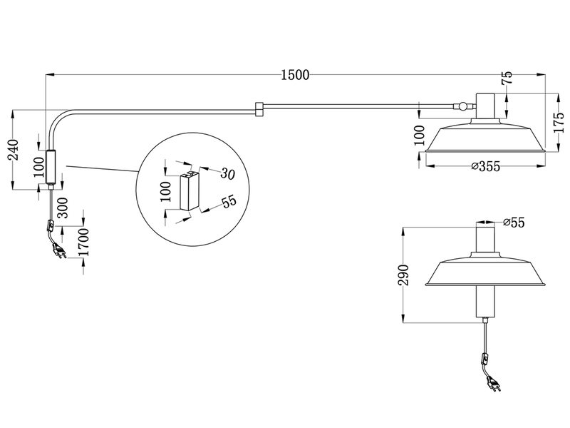 LED Wandlampe Schwarz schwenkbar mit Schnurschalter & Stecker, Länge max. 150cm