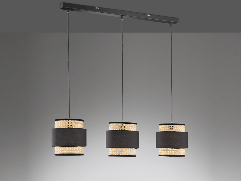 Pendelleuchte TAPE 3-flammig, Rattan Lampenschirme mit Stoff, Breite 74cm