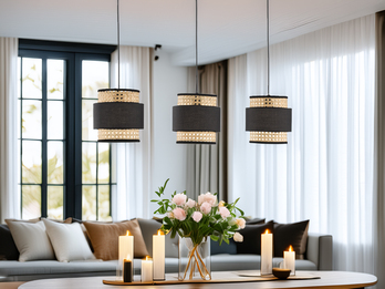 Pendelleuchte TAPE 3-flammig, Rattan Lampenschirme mit Stoff, Breite 74cm