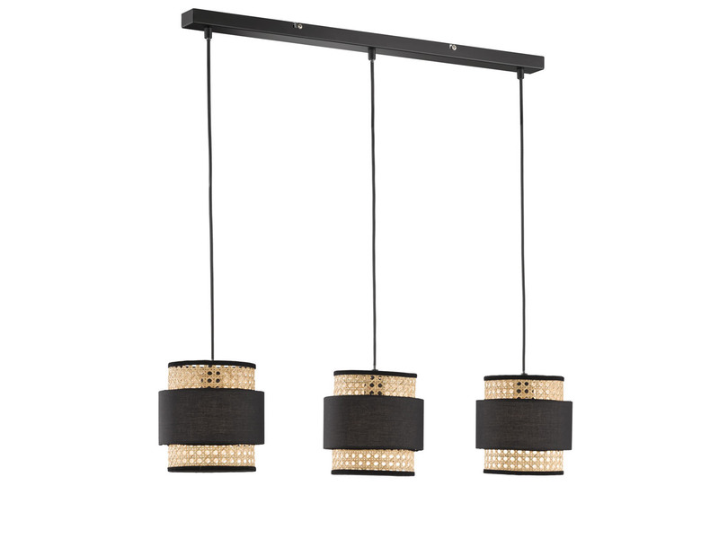 LED Pendelleuchte 3-flammig aus Rattan Lampenschirmen mit Stoff, Breite 74cm