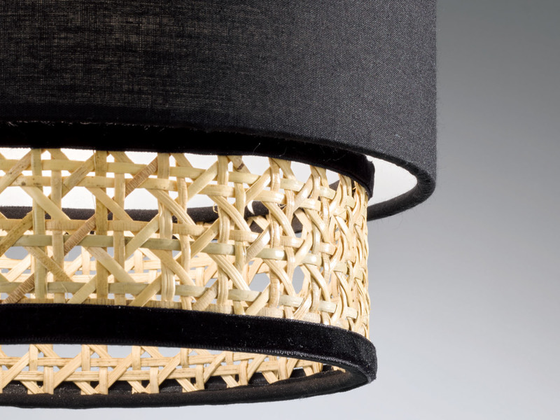 LED Pendelleuchte 3-flammig aus Rattan Lampenschirmen mit Stoff, Breite 74cm
