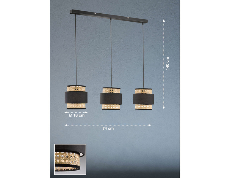 LED Pendelleuchte 3-flammig aus Rattan Lampenschirmen mit Stoff, Breite 74cm