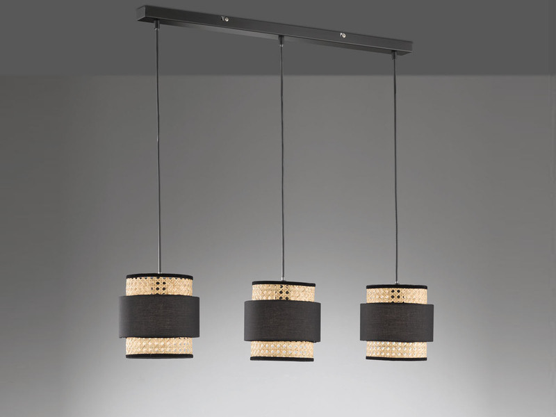 LED Pendelleuchte 3-flammig aus Rattan Lampenschirmen mit Stoff, Breite 74cm