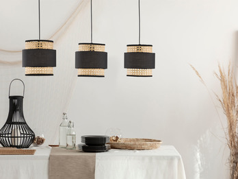 Hängelampe 3-flammig mit Rattan Lampenschirm Wiener Geflecht & Textil Schwarz