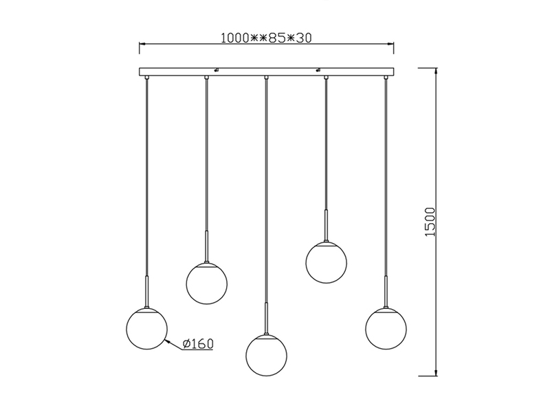 Pendelleuchte BALINI 5-flammig mit Rauchglas Kugeln, Breite 100cm