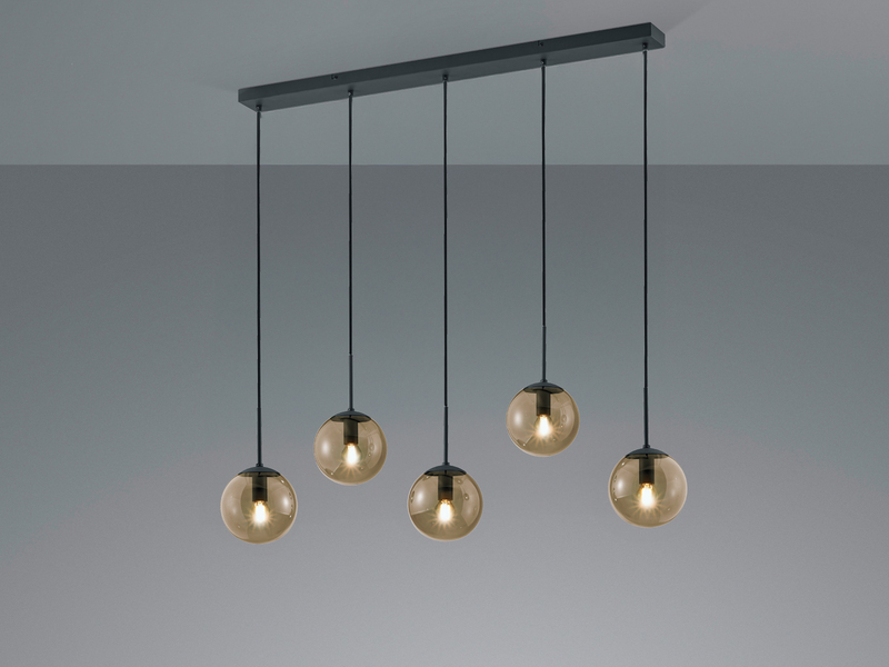 Pendelleuchte BALINI 5-flammig mit Rauchglas Kugeln, Breite 100cm