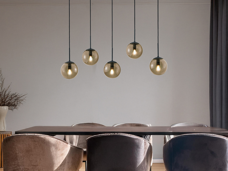 Pendelleuchte BALINI 5-flammig mit Rauchglas Kugeln, Breite 100cm