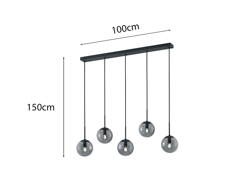 Pendelleuchte BALINI 5-flammig mit Rauchglas Kugeln, Breite 100cm