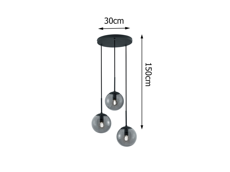 Cluster Pendelleuchte BALINI 3-flammig mit Rauchglas Kugeln, Ø 30cm