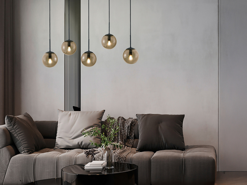 LED Pendelleuchte 5-flammig mit Rauchglas Kugeln, Breite 100cm