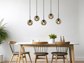 LED Pendelleuchte 5-flammig mit Rauchglas Kugeln, B: 100cm