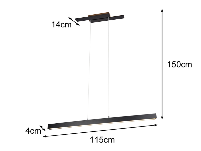 LED Pendelleuchte BELFAST lang 3 Stufen dimmbar Schwarz, Breite 115cm