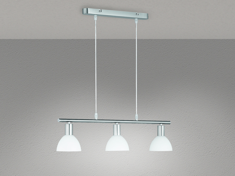 LED Balken Pendelleuchte 3 flammig Lampenschirme Glas Weiß, Breite 61cm