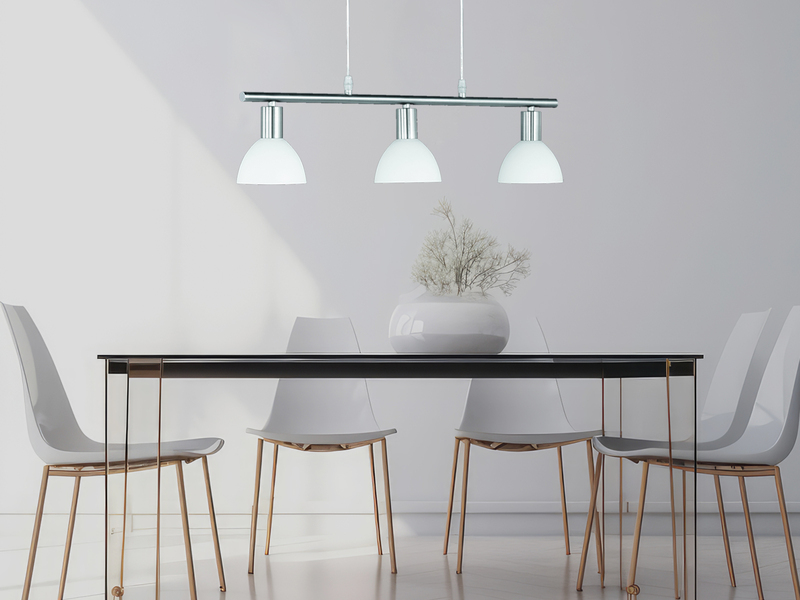 LED Balken Pendelleuchte 3 flammig Lampenschirme Glas Weiß, Breite 61cm