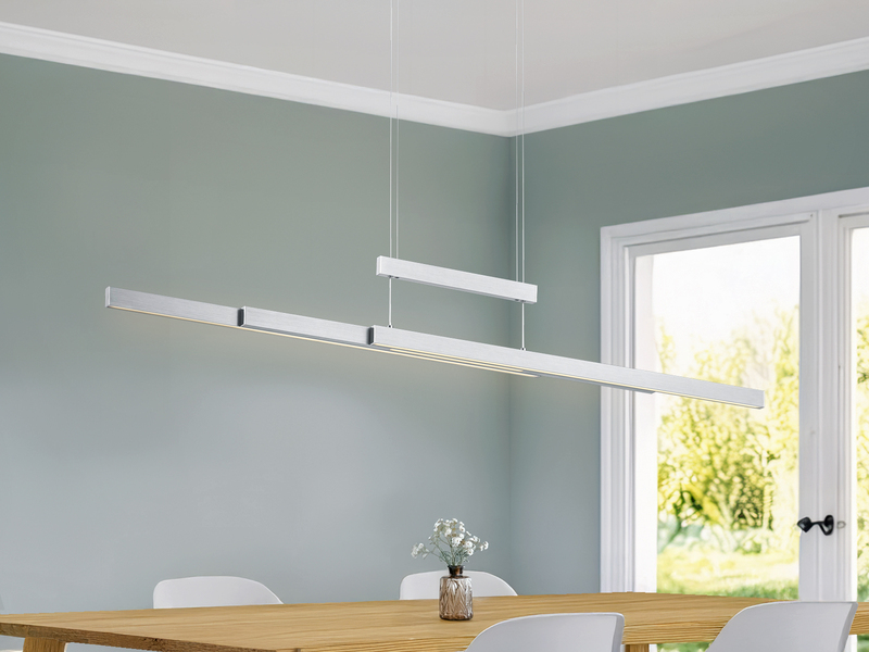 LED Pendelleuchte TRAJAN ausziehbar höhenverstellbar Silber, max. Breite 150cm