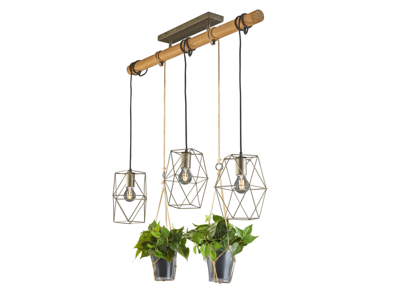 Vintage LED Balkenpendelleuchte 3-flammig mit Naturholz für Pflanzen
