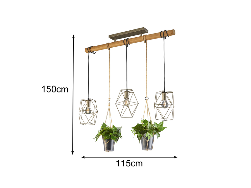 Vintage LED Balkenpendelleuchte 3-flammig mit Naturholz für Pflanzen