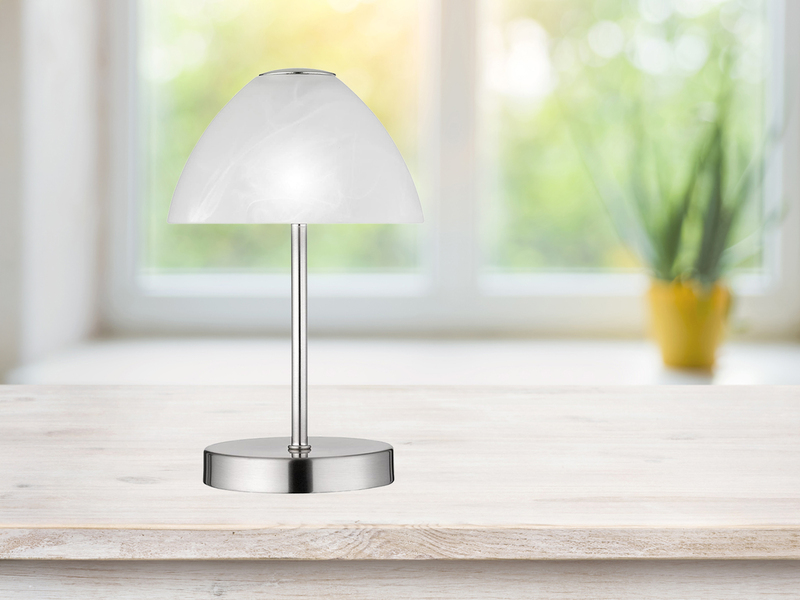 Kleine LED Tischlampe QUEEN dimmbar, Silber mit Glasschirm Weiß, Höhe 24cm
