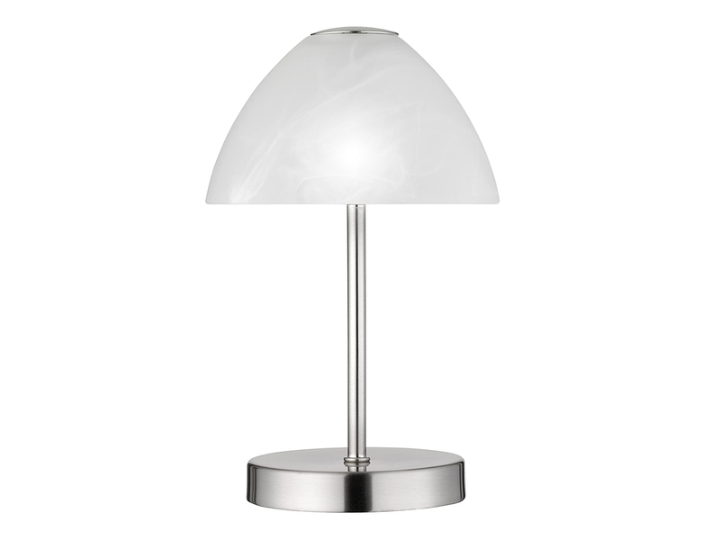 Kleine LED Tischlampe QUEEN dimmbar, Silber mit Glasschirm Weiß, Höhe 24cm