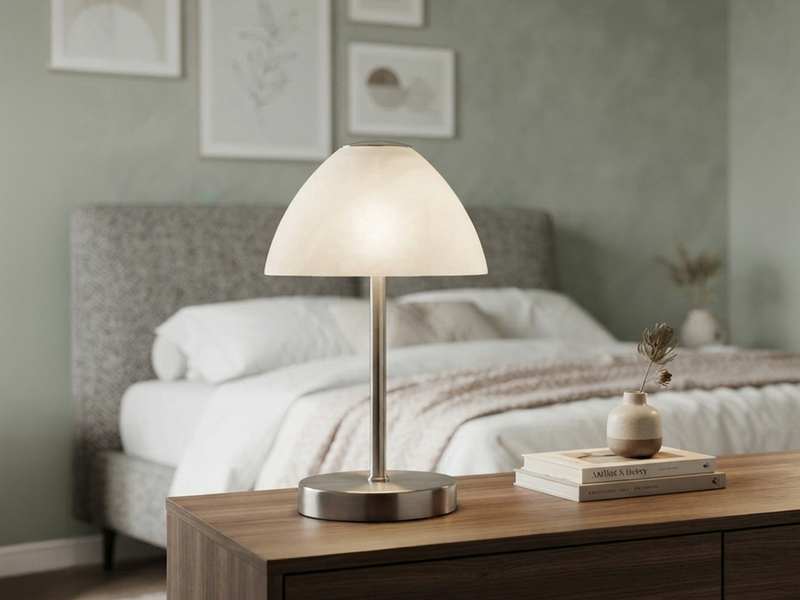 Kleine LED Tischlampe QUEEN dimmbar, Silber mit Glasschirm Weiß, Höhe 24cm