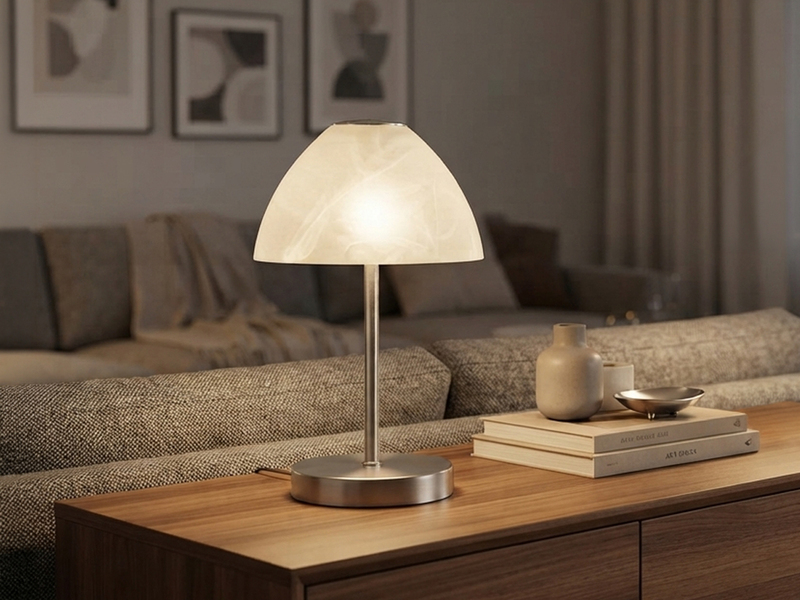 Kleine LED Tischlampe QUEEN dimmbar, Silber mit Glasschirm Weiß, Höhe 24cm